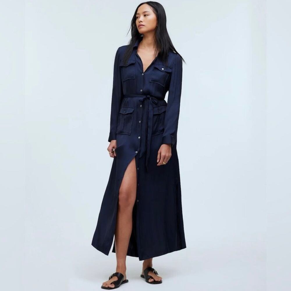 madewell button-front utility shirtdress‎ in satin deep indigo nr775 women small